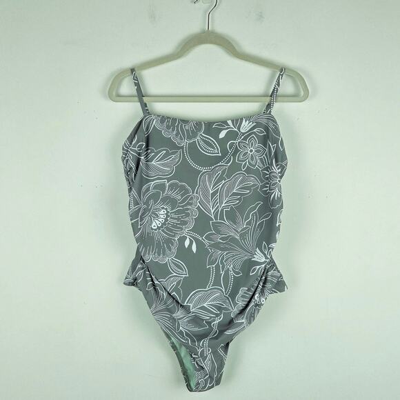 Cupshe Floral Print Shirred Cutout One Piece Swimsuit in Olive Sage Green Sz XL - Picture 2 of 9